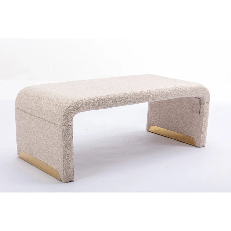 Light Blue Bouclé Upholstered Bench Waterfall Ottoman Gold Metal Base
