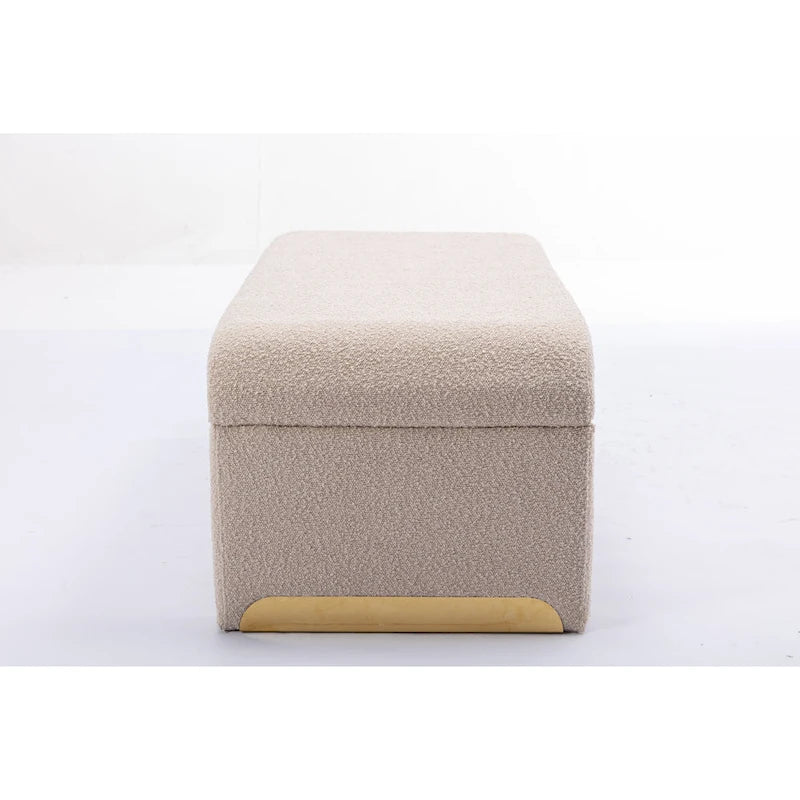 Light Blue Bouclé Upholstered Bench Waterfall Ottoman Gold Metal Base