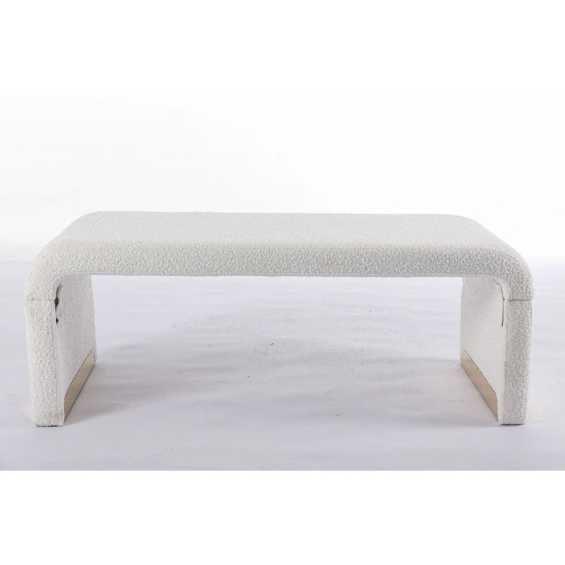 Light Blue Bouclé Upholstered Bench Waterfall Ottoman Gold Metal Base