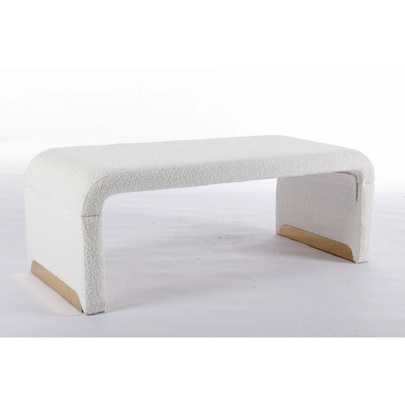 Light Blue Bouclé Upholstered Bench Waterfall Ottoman Gold Metal Base