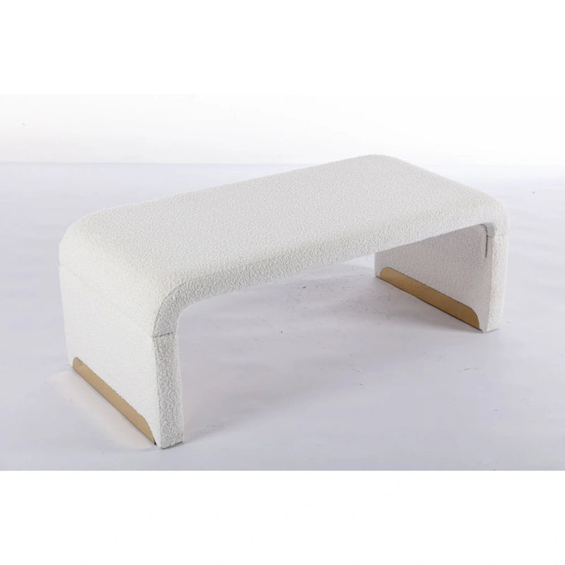 Light Blue Bouclé Upholstered Bench Waterfall Ottoman Gold Metal Base