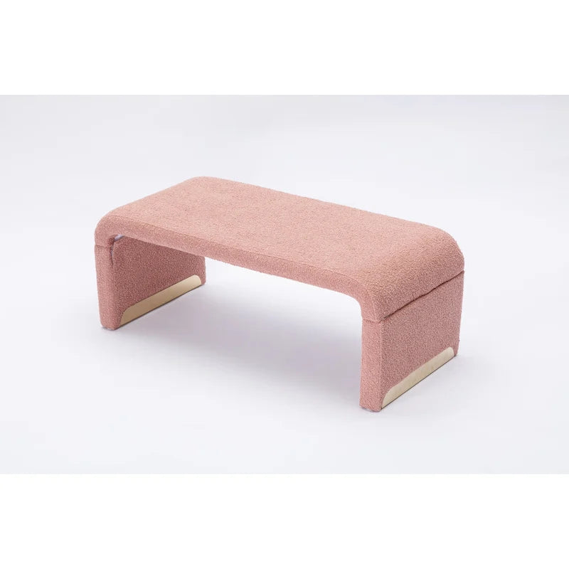Light Blue Bouclé Upholstered Bench Waterfall Ottoman Gold Metal Base