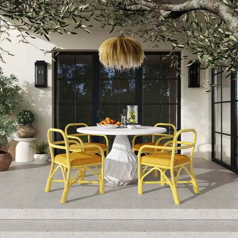 Yellow Rattan Dining Chair with Fabric Cushion Armrest Coastal Style
