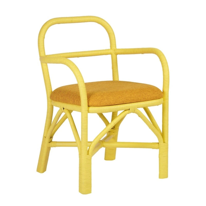Yellow Rattan Dining Chair with Fabric Cushion Armrest Coastal Style