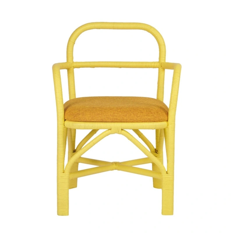 Yellow Rattan Dining Chair with Fabric Cushion Armrest Coastal Style