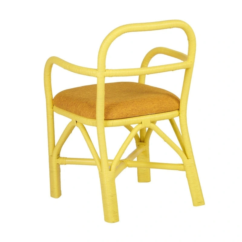 Yellow Rattan Dining Chair with Fabric Cushion Armrest Coastal Style