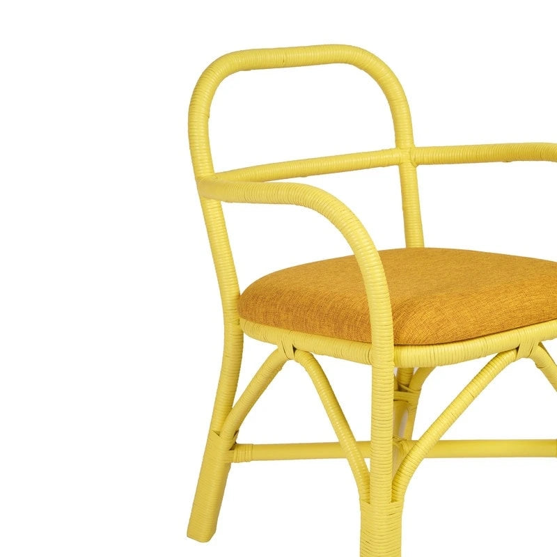 Yellow Rattan Dining Chair with Fabric Cushion Armrest Coastal Style