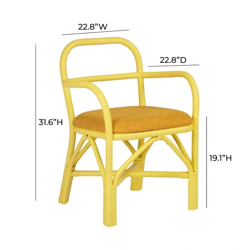 Yellow Rattan Dining Chair with Fabric Cushion Armrest Coastal Style