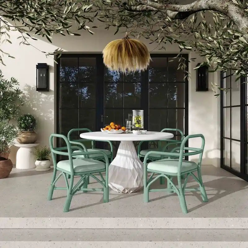 Yellow Rattan Dining Chair with Fabric Cushion Armrest Coastal Style