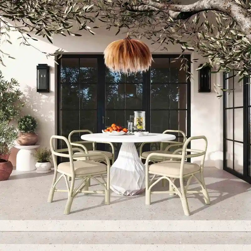 Yellow Rattan Dining Chair with Fabric Cushion Armrest Coastal Style