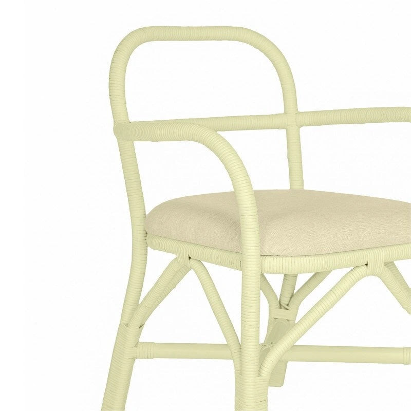 Yellow Rattan Dining Chair with Fabric Cushion Armrest Coastal Style