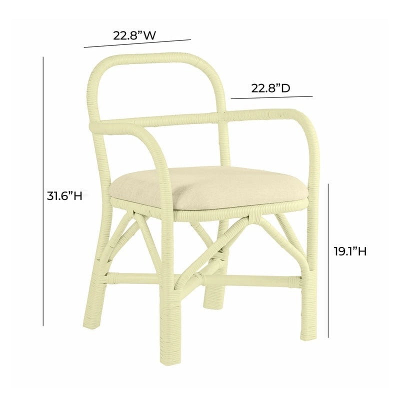 Yellow Rattan Dining Chair with Fabric Cushion Armrest Coastal Style