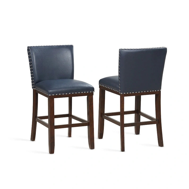 Navy Blue Faux Leather Counter Stool Nailhead Trim Espresso Wood Frame