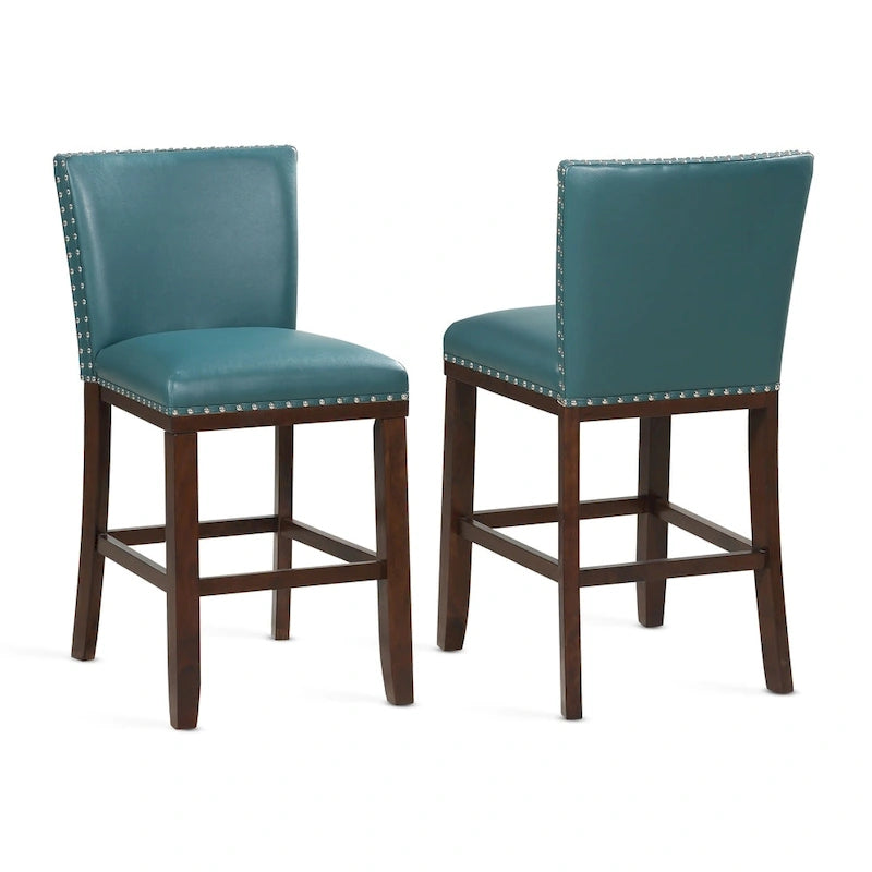 Navy Blue Faux Leather Counter Stool Nailhead Trim Espresso Wood Frame