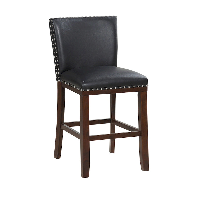 Navy Blue Faux Leather Counter Stool Nailhead Trim Espresso Wood Frame