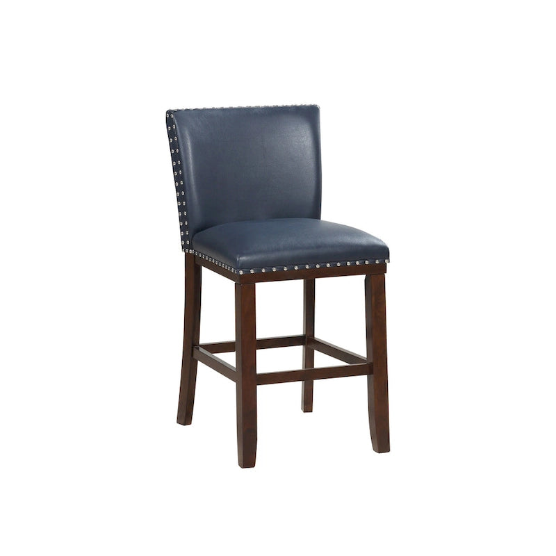 Navy Blue Faux Leather Counter Stool Nailhead Trim Espresso Wood Frame