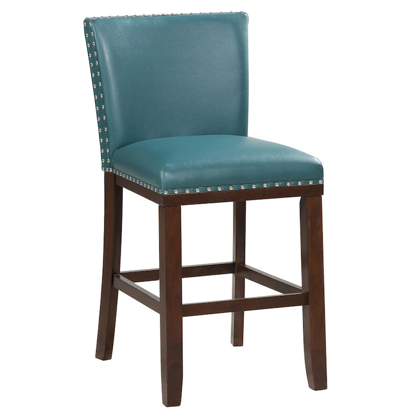 Navy Blue Faux Leather Counter Stool Nailhead Trim Espresso Wood Frame