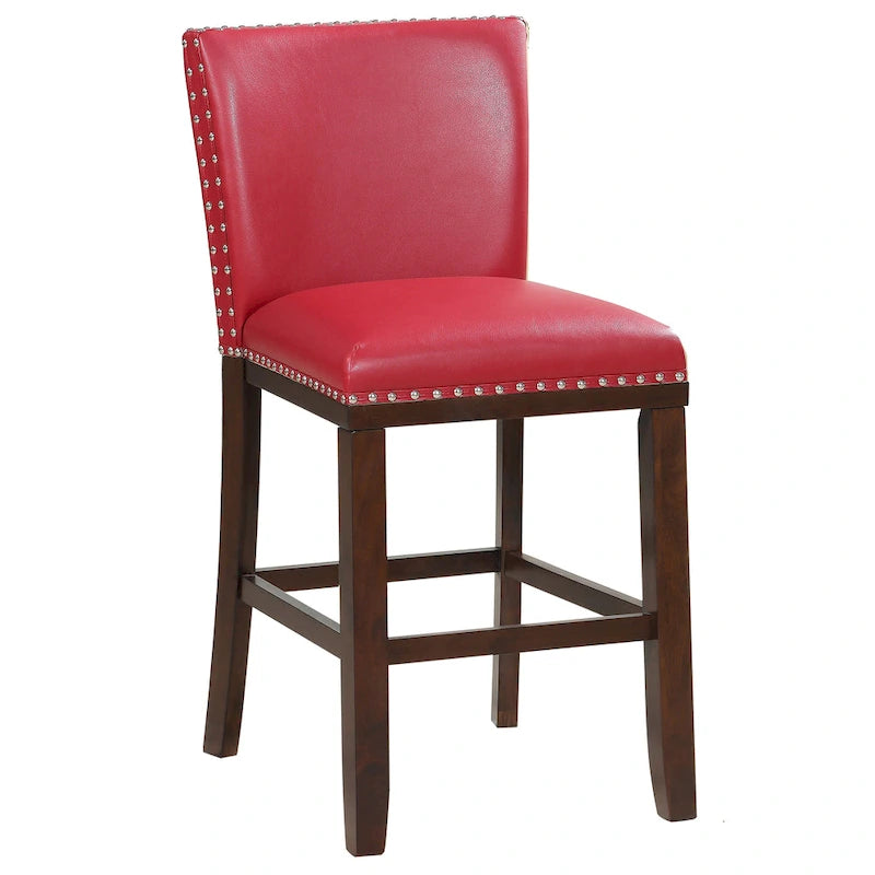 Navy Blue Faux Leather Counter Stool Nailhead Trim Espresso Wood Frame