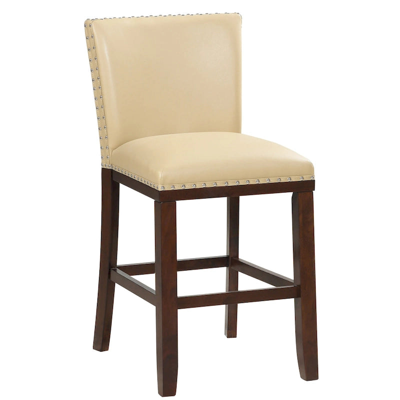 Navy Blue Faux Leather Counter Stool Nailhead Trim Espresso Wood Frame