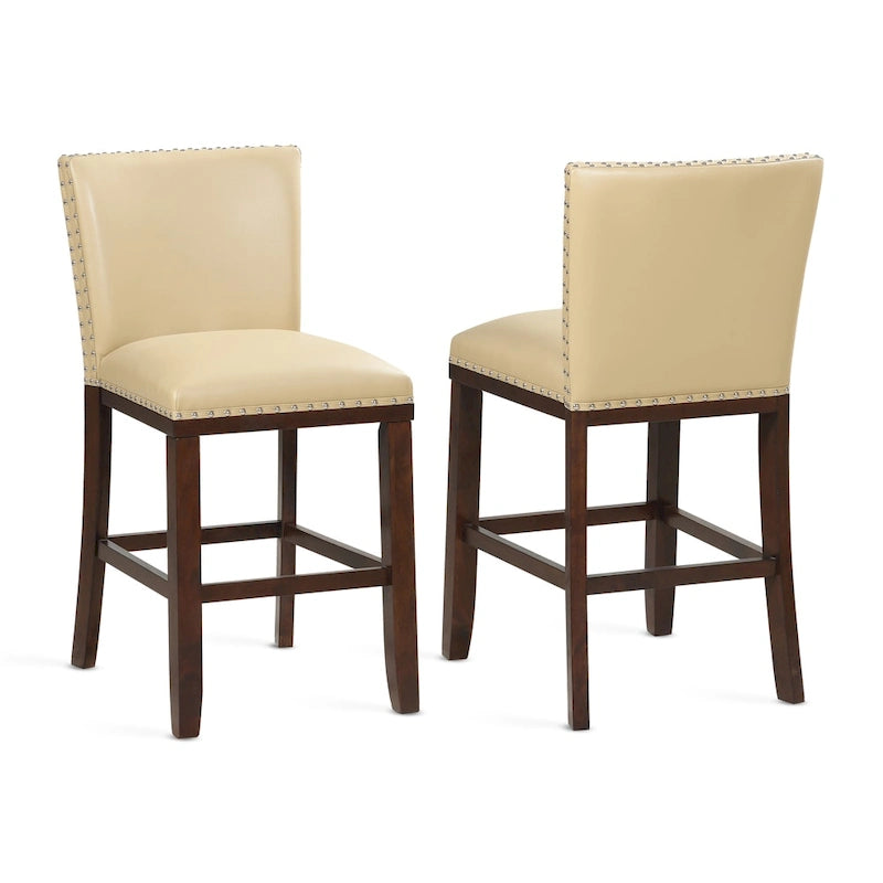 Navy Blue Faux Leather Counter Stool Nailhead Trim Espresso Wood Frame