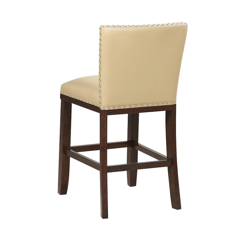 Navy Blue Faux Leather Counter Stool Nailhead Trim Espresso Wood Frame