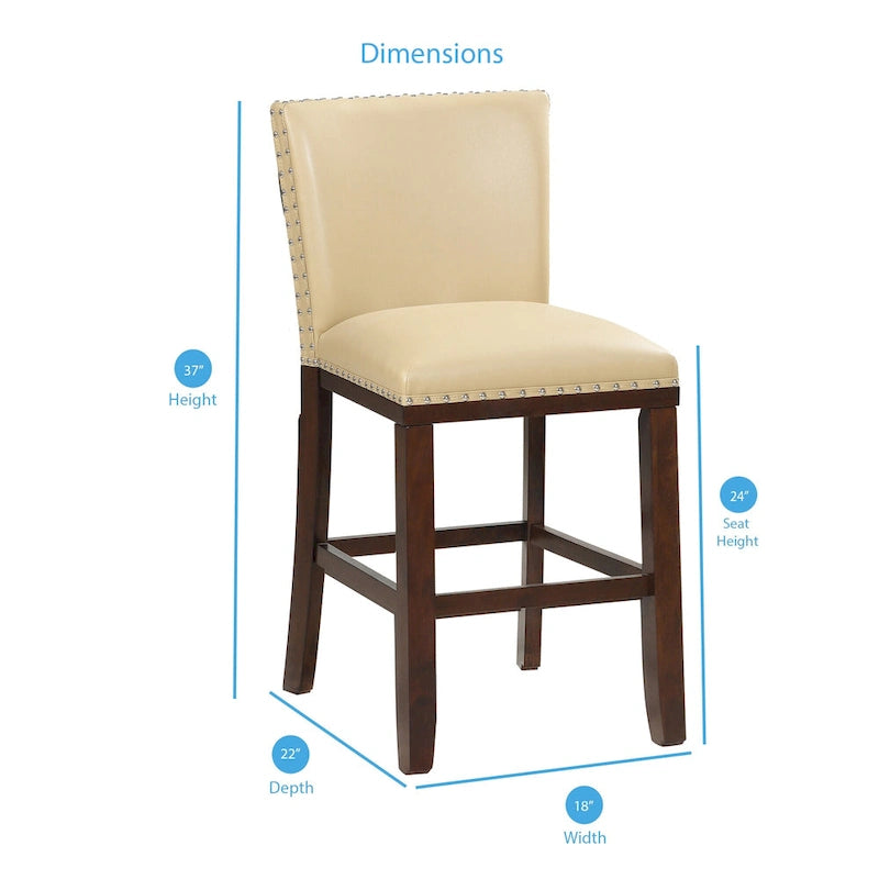Navy Blue Faux Leather Counter Stool Nailhead Trim Espresso Wood Frame
