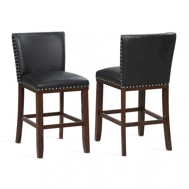 Navy Blue Faux Leather Counter Stool Nailhead Trim Espresso Wood Frame