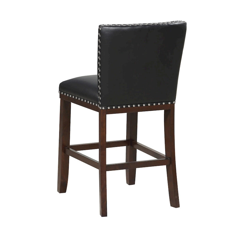 Navy Blue Faux Leather Counter Stool Nailhead Trim Espresso Wood Frame