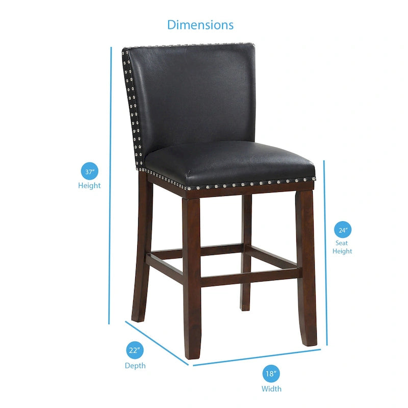 Navy Blue Faux Leather Counter Stool Nailhead Trim Espresso Wood Frame