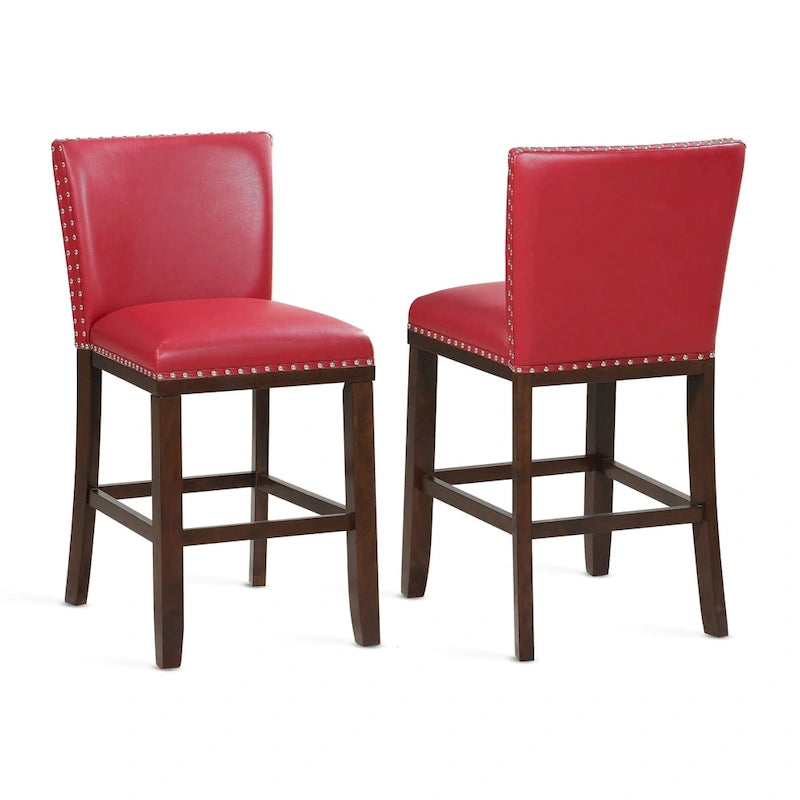 Navy Blue Faux Leather Counter Stool Nailhead Trim Espresso Wood Frame