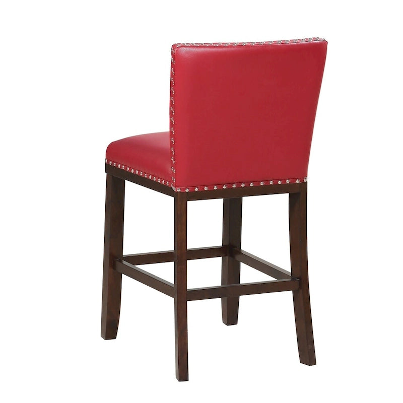 Navy Blue Faux Leather Counter Stool Nailhead Trim Espresso Wood Frame