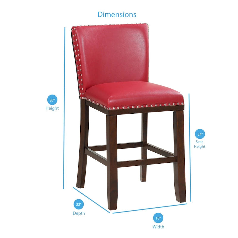 Navy Blue Faux Leather Counter Stool Nailhead Trim Espresso Wood Frame