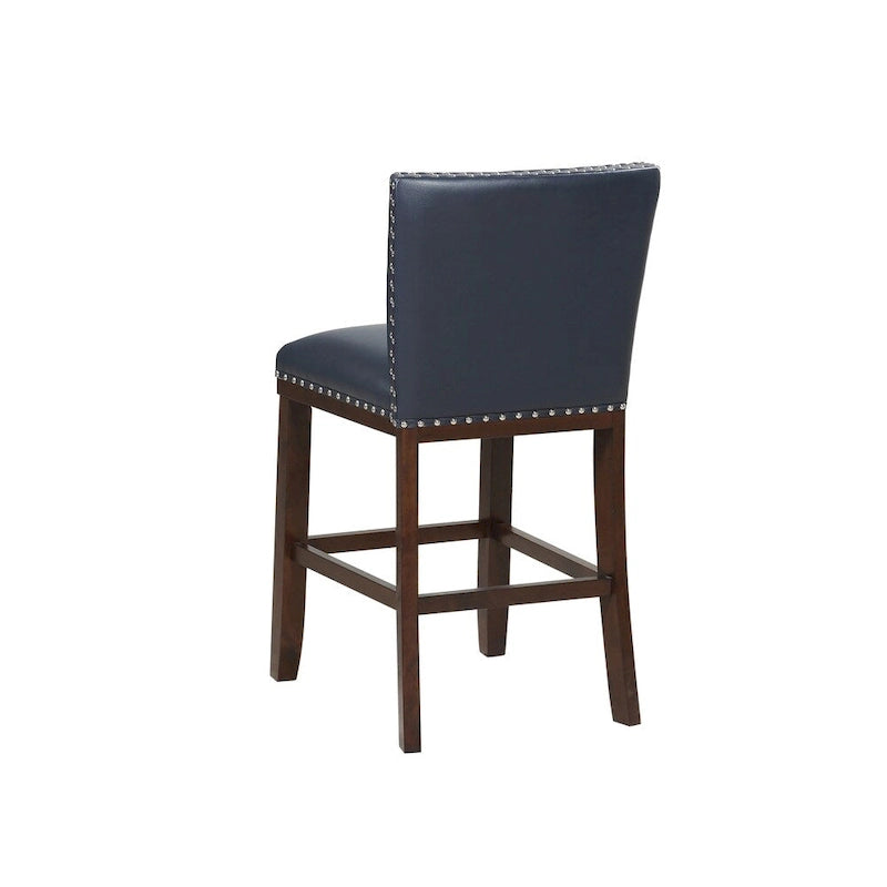 Navy Blue Faux Leather Counter Stool Nailhead Trim Espresso Wood Frame