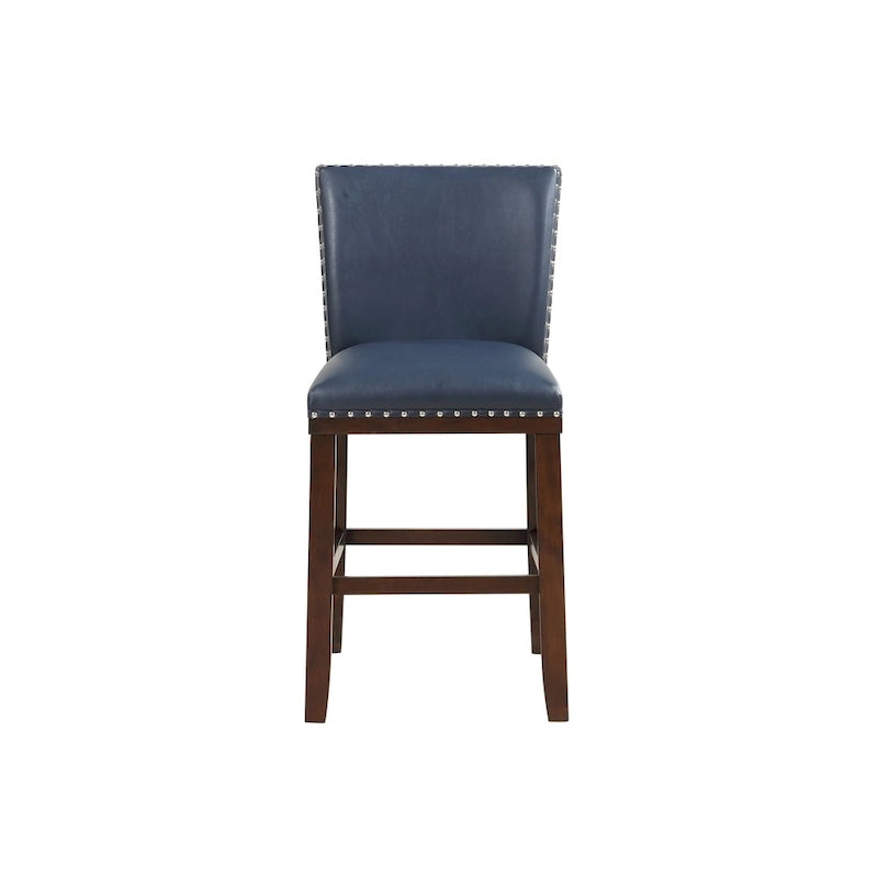 Navy Blue Faux Leather Counter Stool Nailhead Trim Espresso Wood Frame