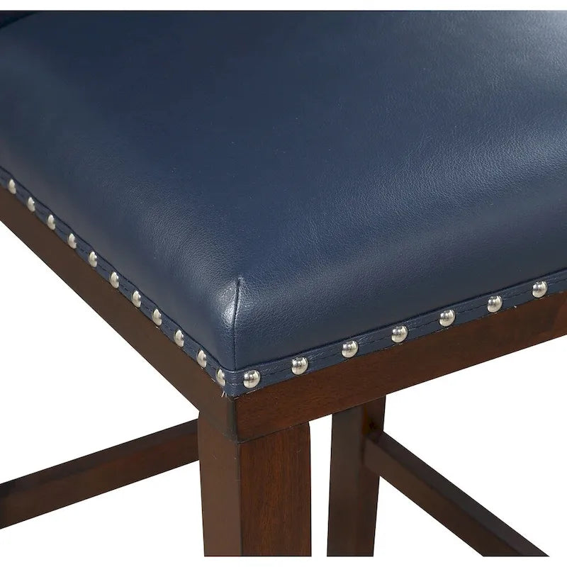Navy Blue Faux Leather Counter Stool Nailhead Trim Espresso Wood Frame