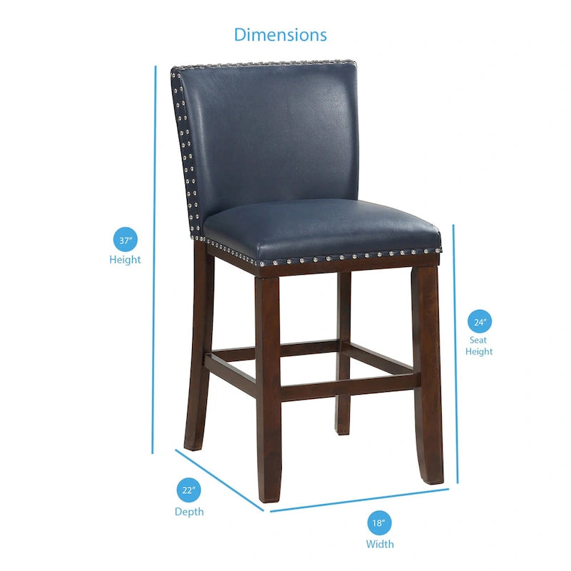 Navy Blue Faux Leather Counter Stool Nailhead Trim Espresso Wood Frame