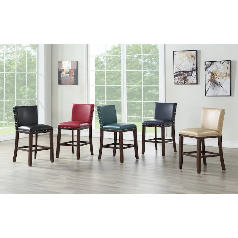 Navy Blue Faux Leather Counter Stool Nailhead Trim Espresso Wood Frame