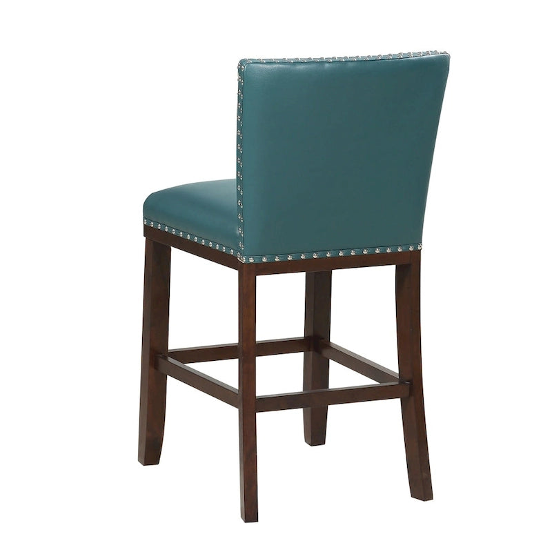 Navy Blue Faux Leather Counter Stool Nailhead Trim Espresso Wood Frame