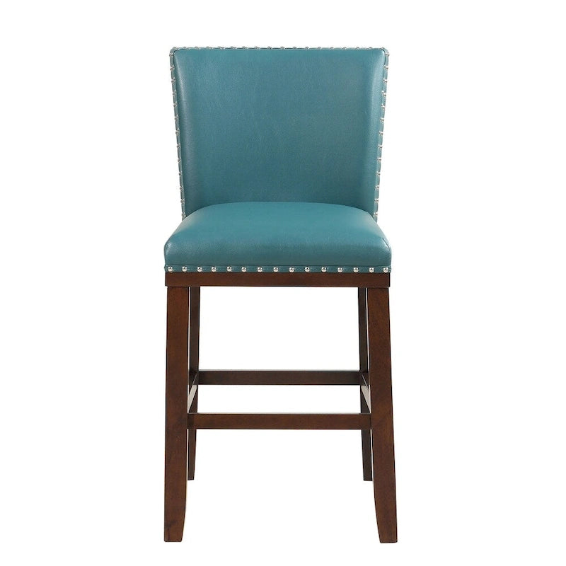Navy Blue Faux Leather Counter Stool Nailhead Trim Espresso Wood Frame