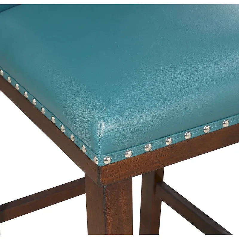 Navy Blue Faux Leather Counter Stool Nailhead Trim Espresso Wood Frame