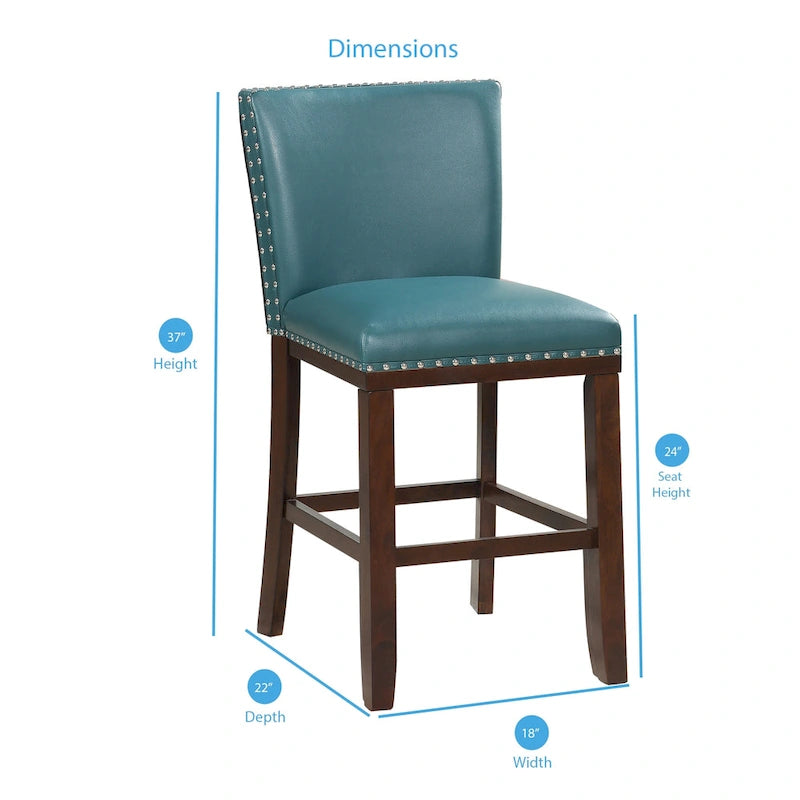 Navy Blue Faux Leather Counter Stool Nailhead Trim Espresso Wood Frame