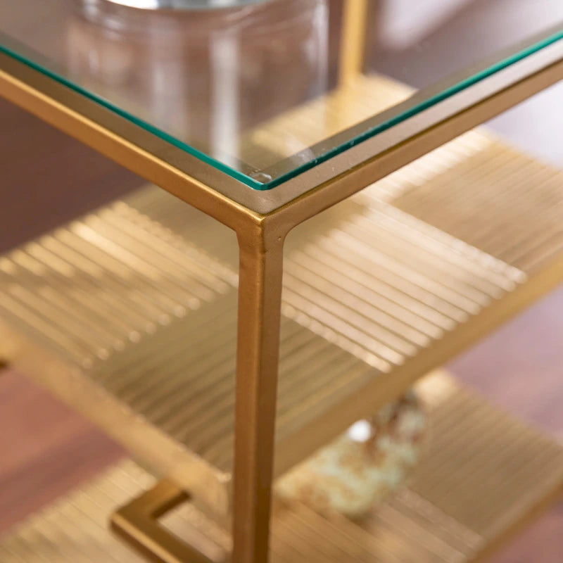 Brass 3-Tier Side Table Glass Top Hammered Brass Open Shelves Metal Frame