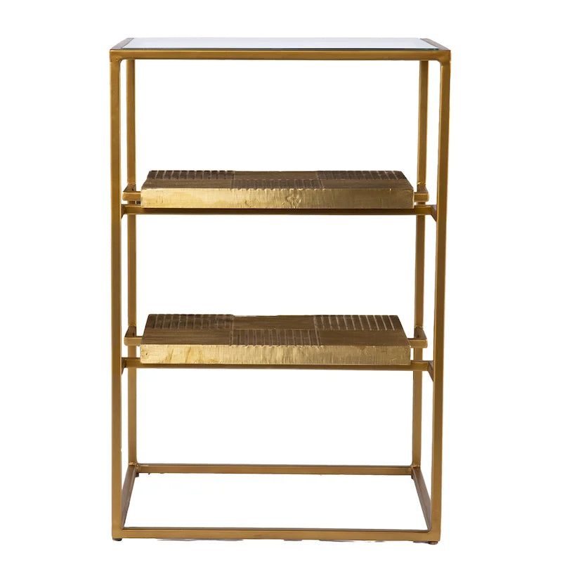 Brass 3-Tier Side Table Glass Top Hammered Brass Open Shelves Metal Frame