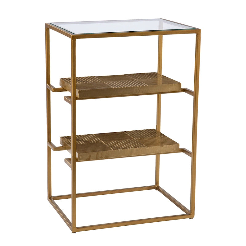 Brass 3-Tier Side Table Glass Top Hammered Brass Open Shelves Metal Frame