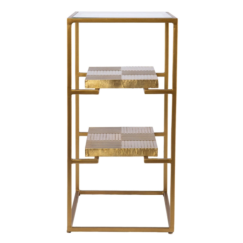 Brass 3-Tier Side Table Glass Top Hammered Brass Open Shelves Metal Frame