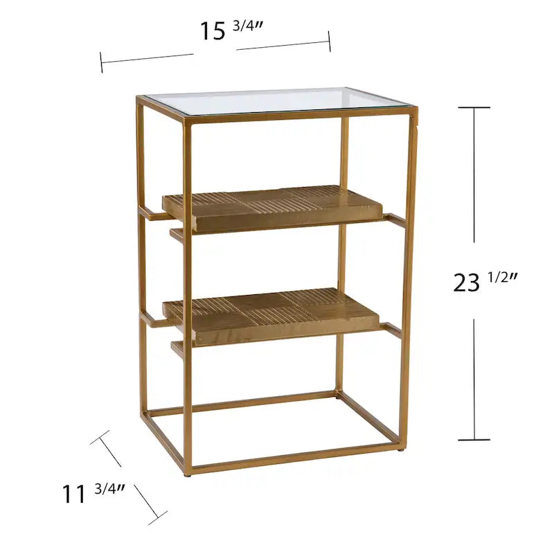 Brass 3-Tier Side Table Glass Top Hammered Brass Open Shelves Metal Frame