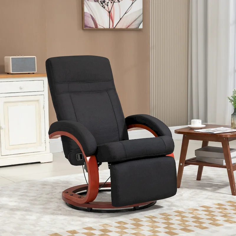 Black Linen 360° Swivel Manual Recliner Chair Footrest C-Frame Wood Base