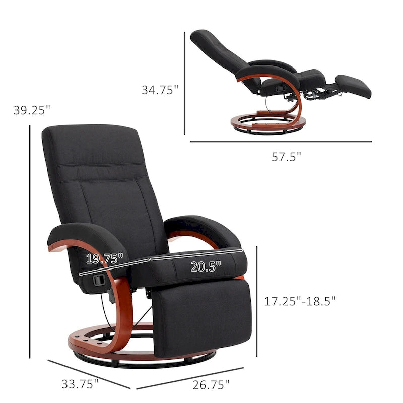 Black Linen 360° Swivel Manual Recliner Chair Footrest C-Frame Wood Base