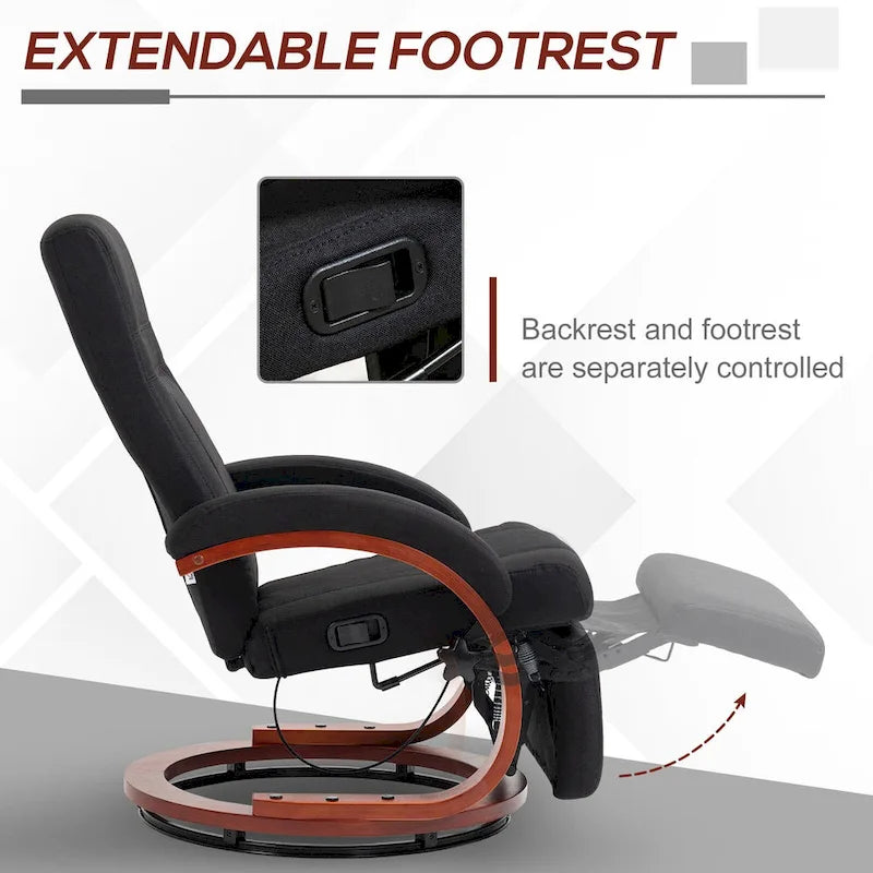 Black Linen 360° Swivel Manual Recliner Chair Footrest C-Frame Wood Base