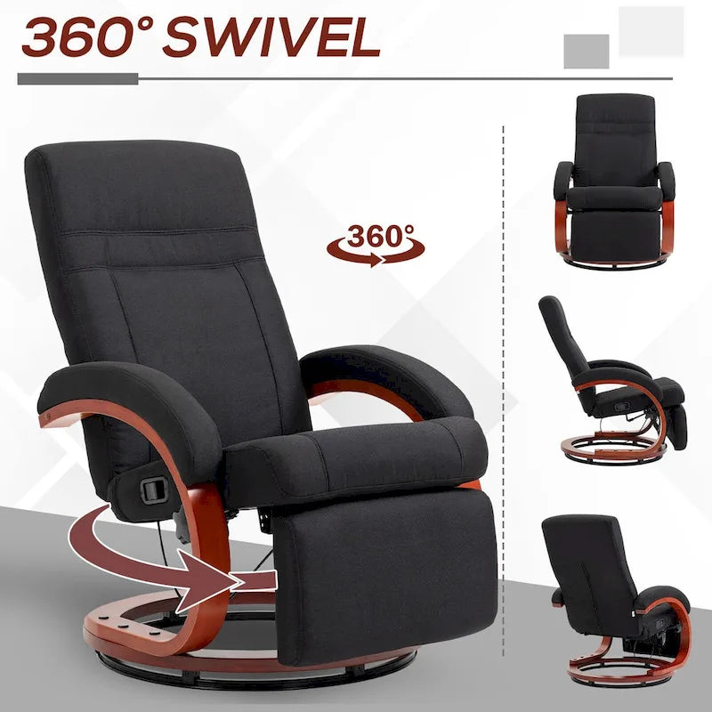 Black Linen 360° Swivel Manual Recliner Chair Footrest C-Frame Wood Base